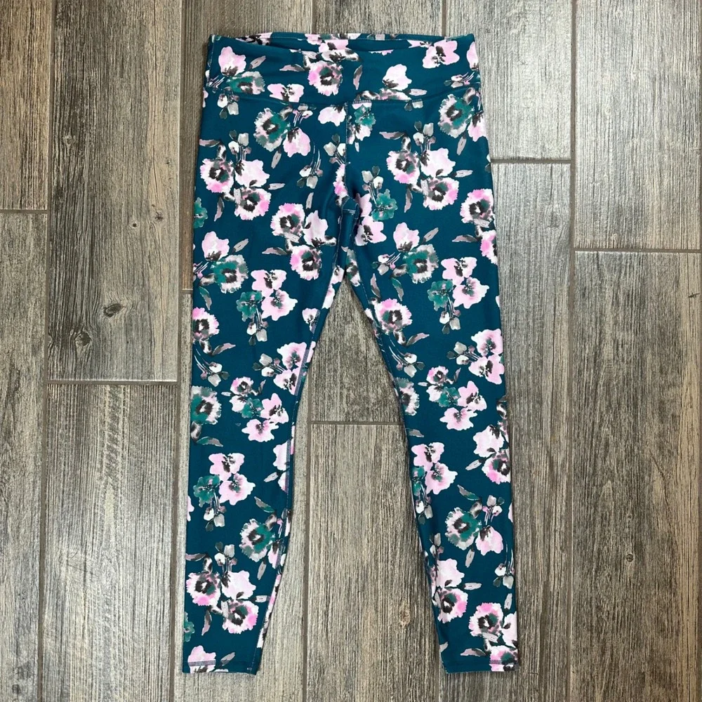 Women's Teal Floral Leggings‎ Activewear Pants High Waist Stretch Workout Gym